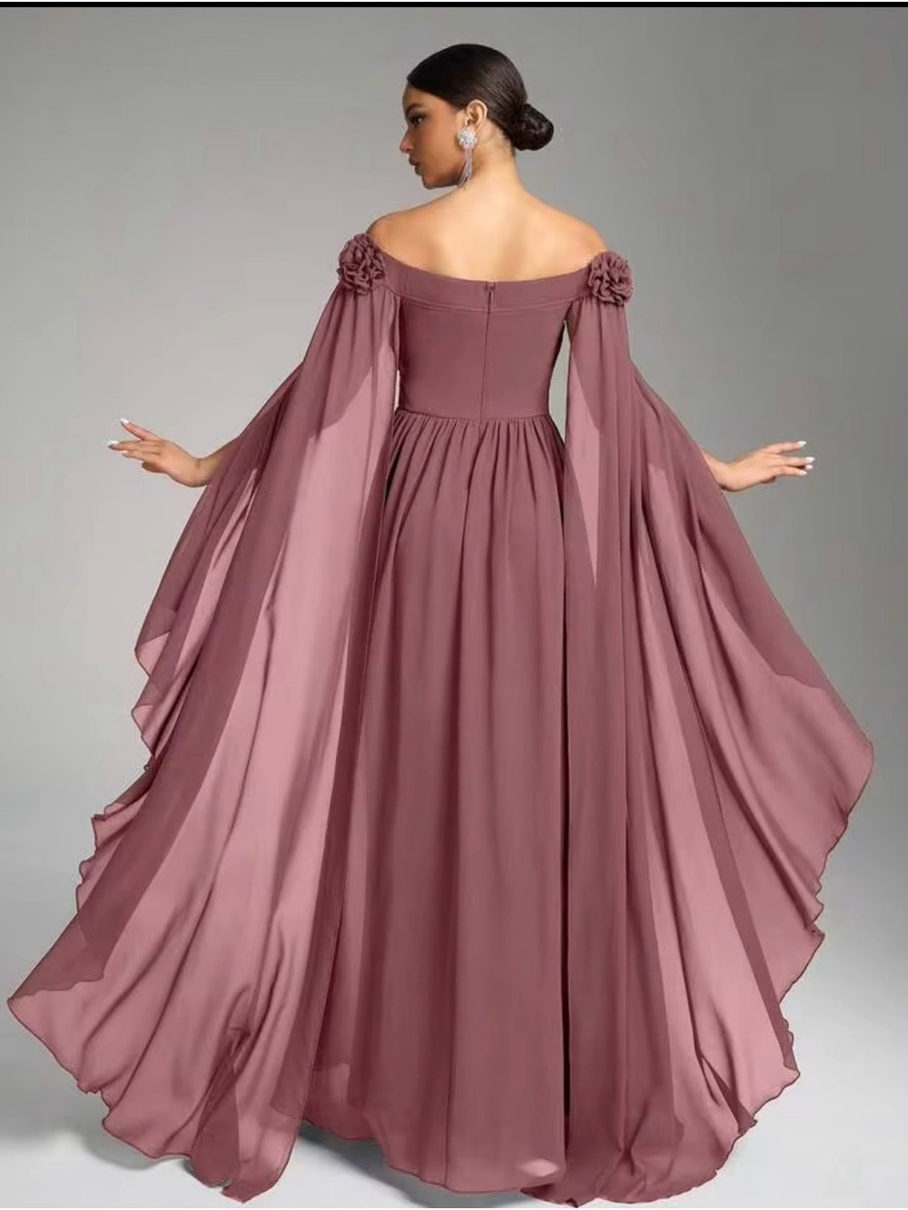 Off-Shoulder Rose Detail Evening Dress in Dusty Rose - Picture 2 of 2